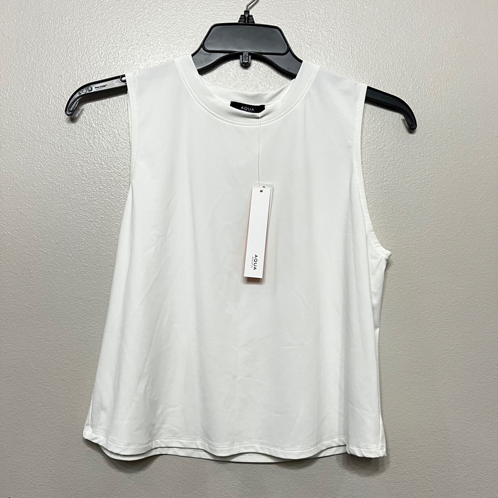 AQUA Athletic Womens White Muscle Tank Top Sleeveless Crew Neck Medium NWT